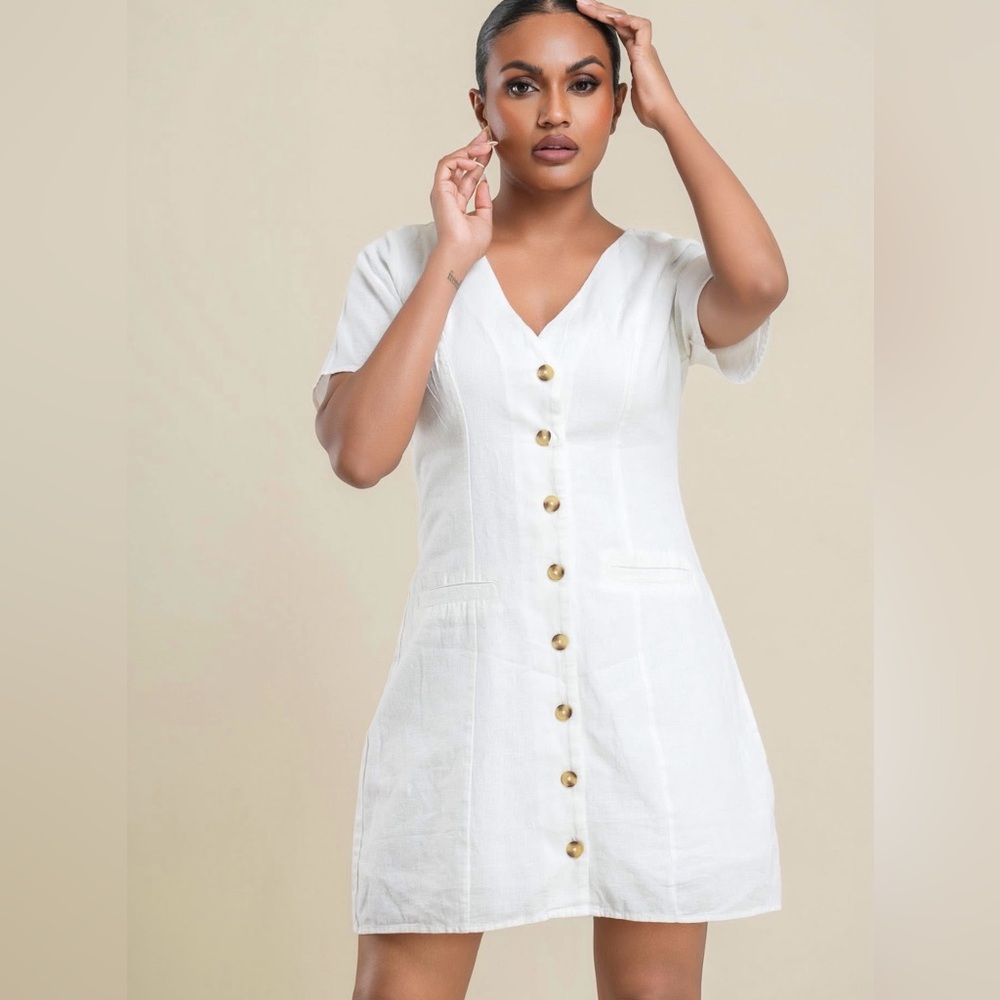 Primark White Linen Button-Front Mini Dress